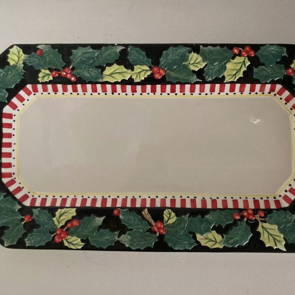 Christmas Ceramic serving platter, 10.5" by 20", MacKenzie Childs look, holly